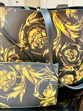 Versace Jeans Collection Black and Gold Baroque Tote with Pouch